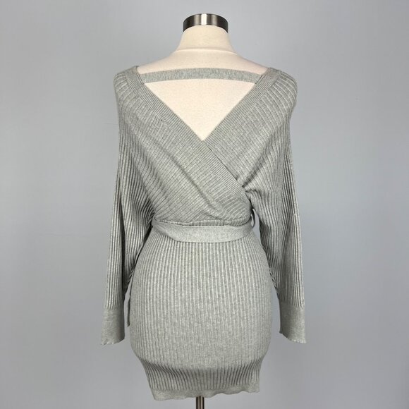 Womens Gray Batwing Sleeve Wrap Sweater Dress Belted Cutout Back size Large - Picture 10 of 15